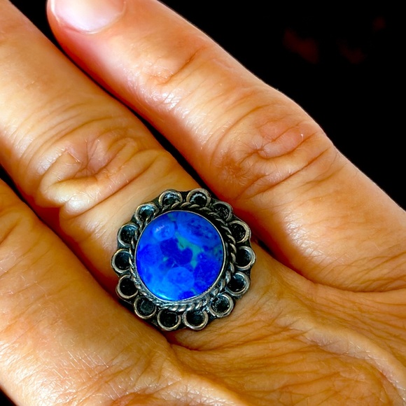 Vintage Stunning Blue Green Azurite Malachite Sterling Ring Stamped 925 Mexico - Picture 3 of 9